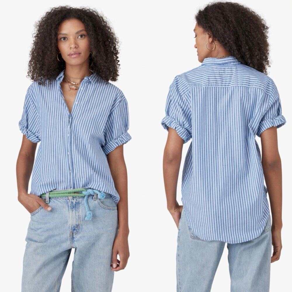 Xirena Blue White Stripe Cotton Button Up Coastal Relaxed Channing Shirt XS